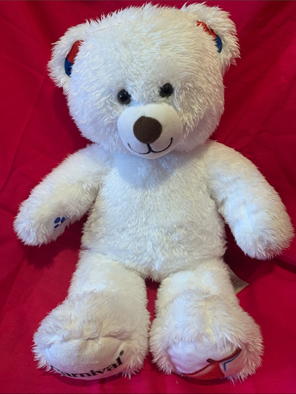 Build-A-Bear White Plush Teddy with Brown Nose and Red/Blue Ear Accents
